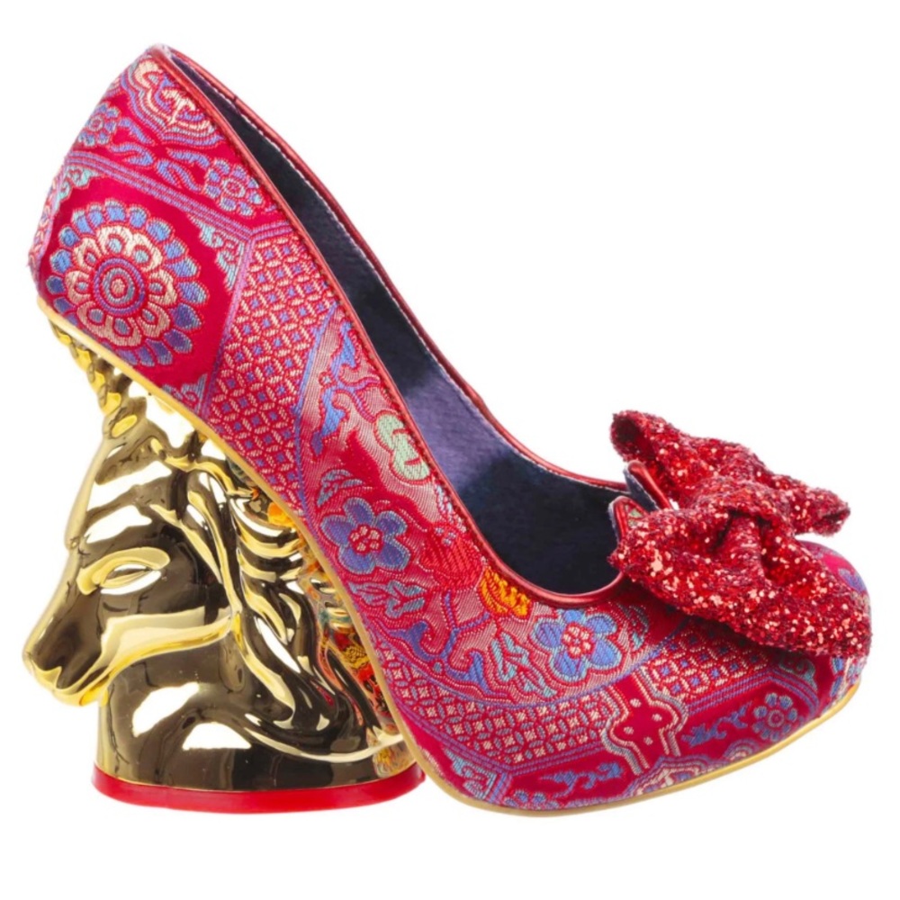 Irregular Choice Trixy unicorn heels in red brocade. 🦄